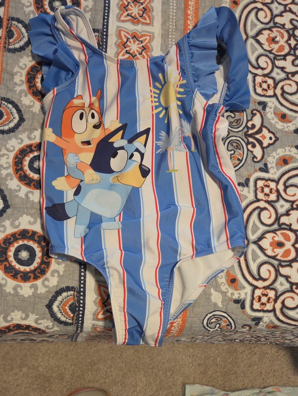 Blue Striped Kids Swimsuit with Cartoon Characters